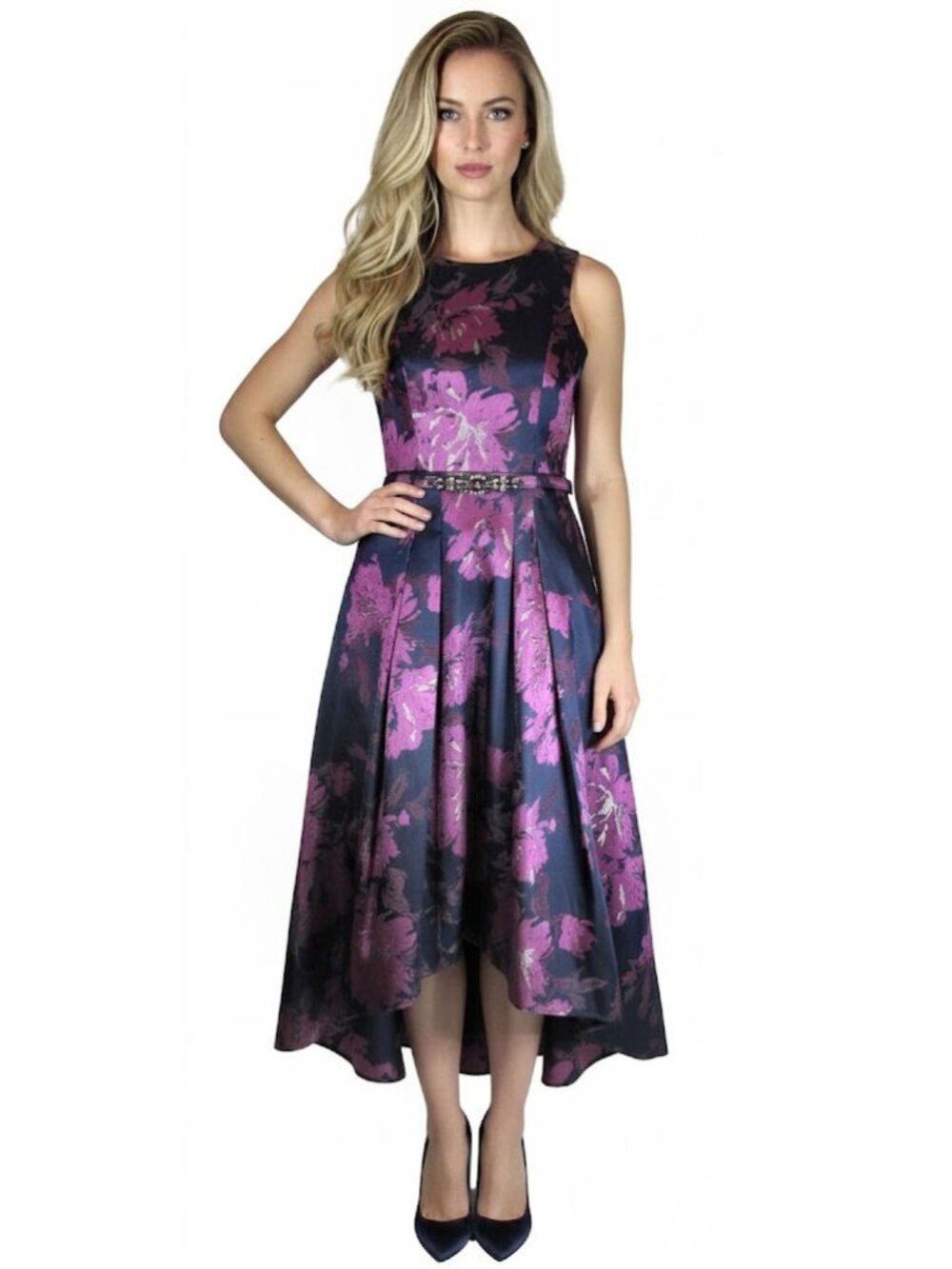 Eliza J High / Low Gown, Silver / Navy / Pink, Womens Size 4